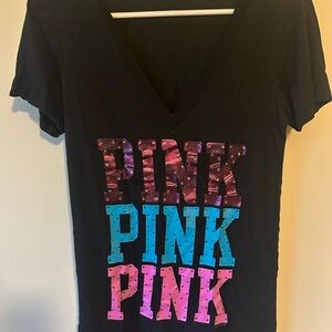 VS Pink Black Vintage Multicolor Rhinestone Bling V Neck Top M